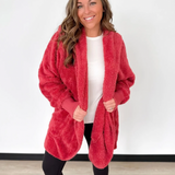 Red Fuzzy Hooded Cardigan-One Size