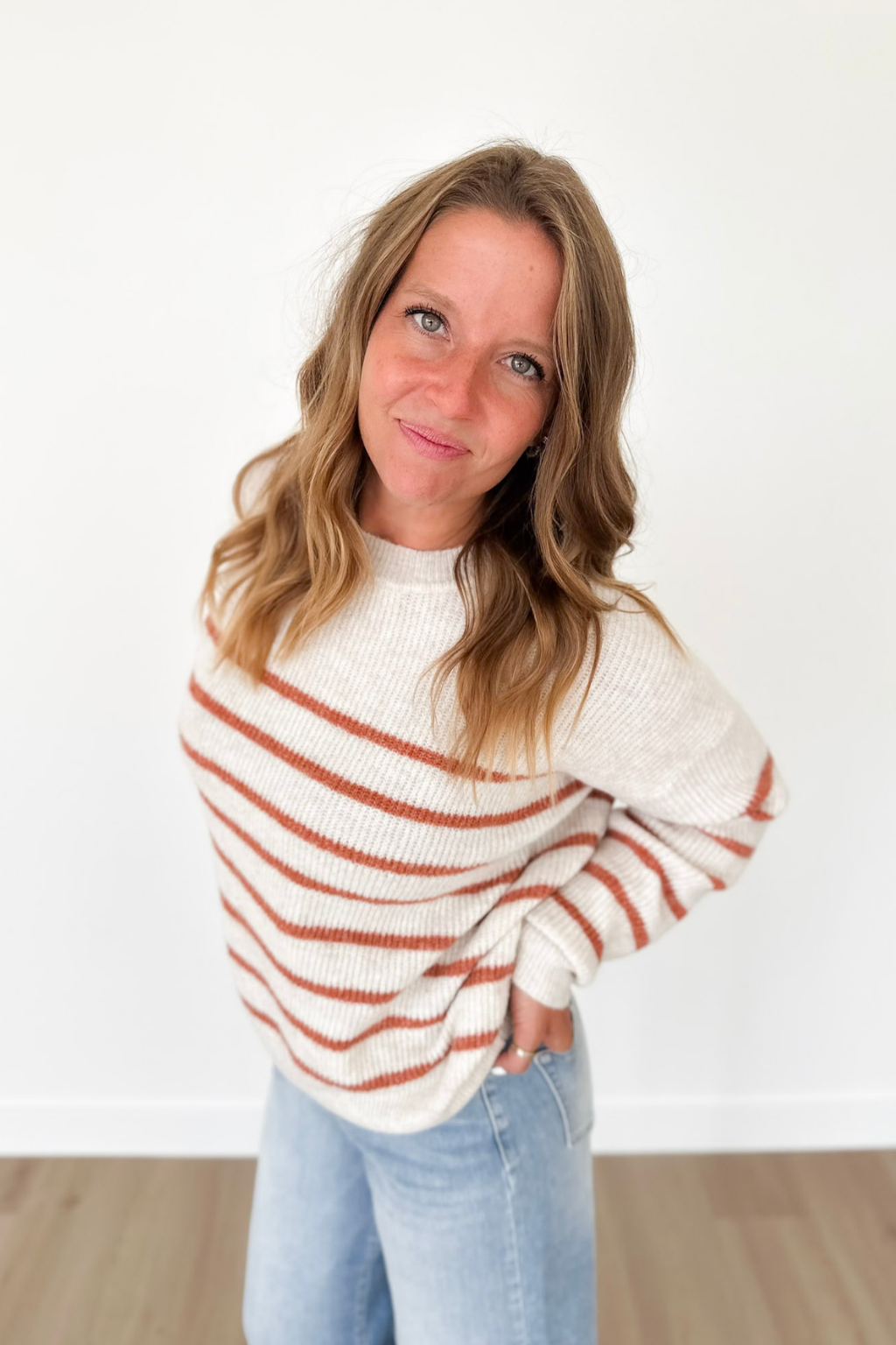 Oatmeal & Rust Ribbed Striped Knit Sweater