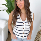 Ivory/Navy Striped Knit Button Sleeveless Top