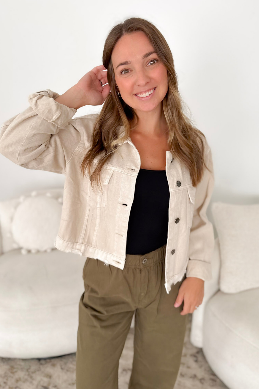 Bone Distressed Cropped Denim Jacket