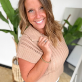 Mocha Open Knit Collared Short Sleeve Sweater