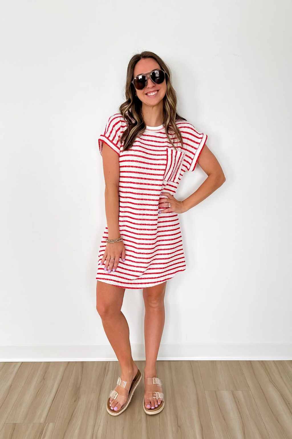 Textured Ivory/Red Striped T-Shirt Dress