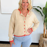 Taupe Contrast Trim Knit Button Cardigan