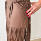 Brown Suede Fringe Midi Skirt
