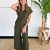 Olive Short Sleeve Button Wide Leg Jumpsuit