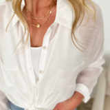 White Woven Collared Button Up Top