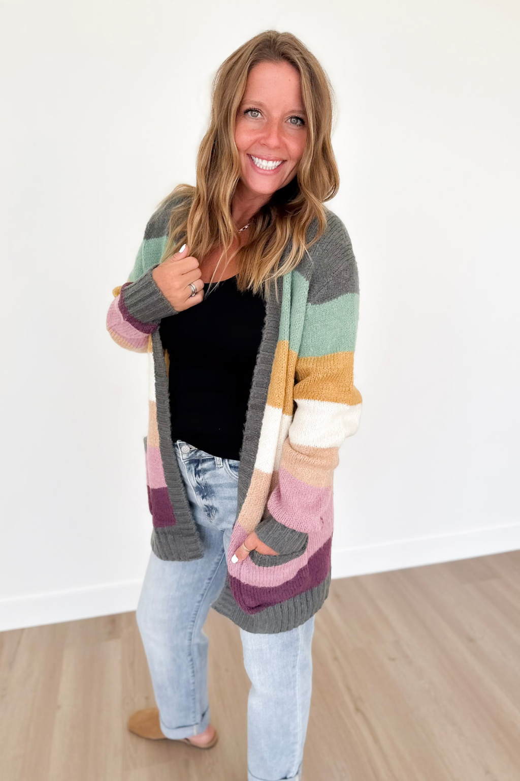 Multicolored Open Front Knit Cardigan