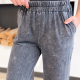 Washed Black Denim Elastic Waist Pants