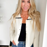 Cream Knit Button Cardigan with Black Collar Trim