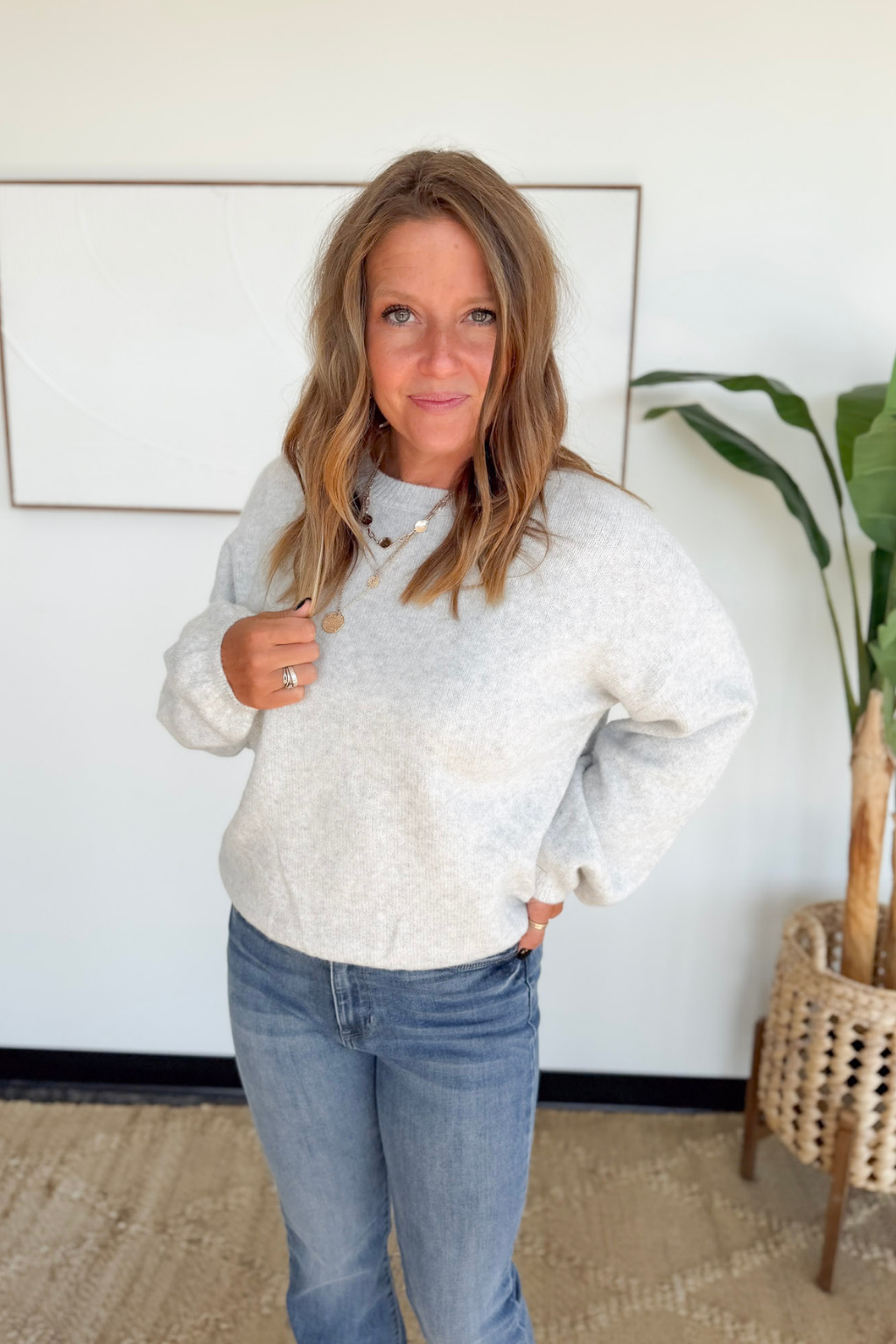 Grey Soft Knit Elastic Waistband Sweater