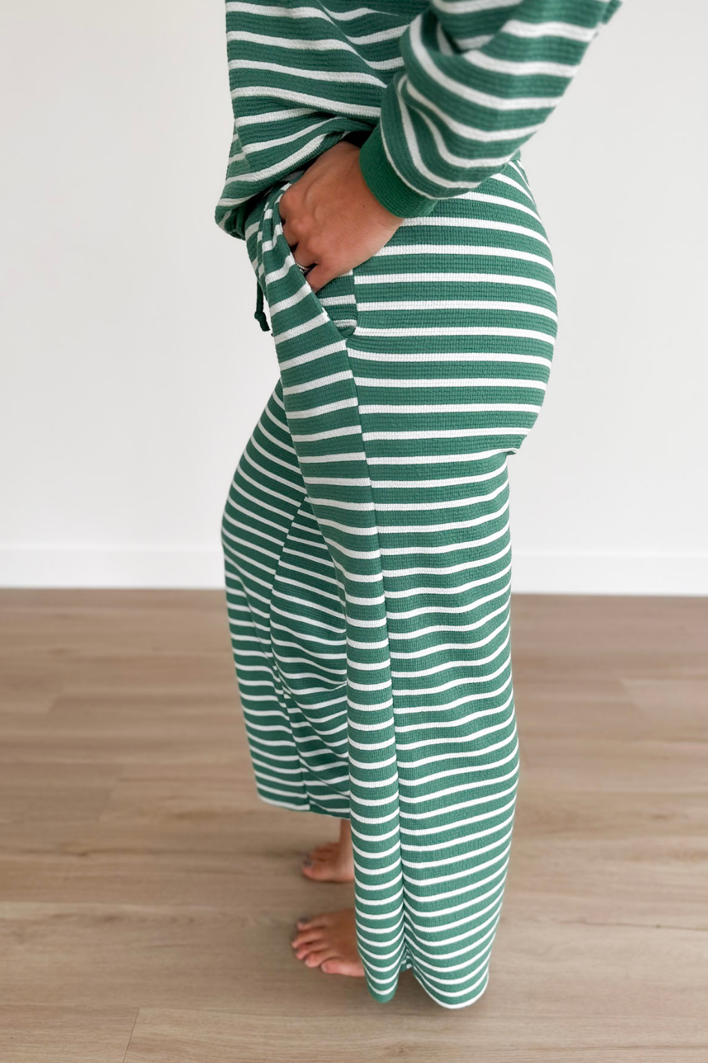 Green & White Striped Wide Leg Pants