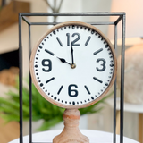 metal framed tabletop wooden clock