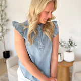 Light Wash Flutter Sleeve Denim Top