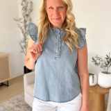 Light Wash Flutter Sleeve Denim Top