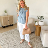 Light Wash Flutter Sleeve Denim Top