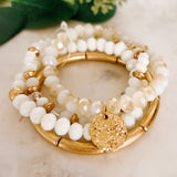White Beaded Bracelet Set with Coin