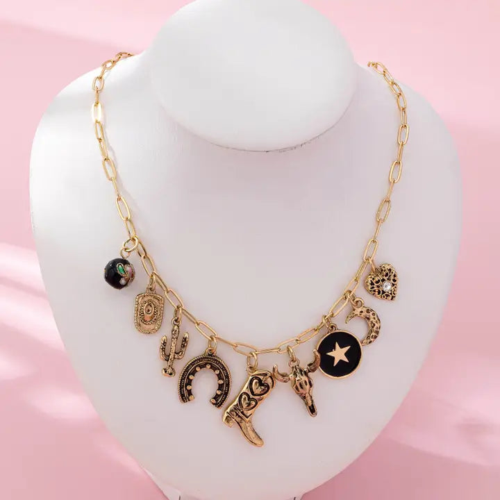 Dark Vintage Gold Western Charm Necklace