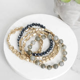 5 Piece Boho Bracelet Stack Gray Black and Worn Gold Tone