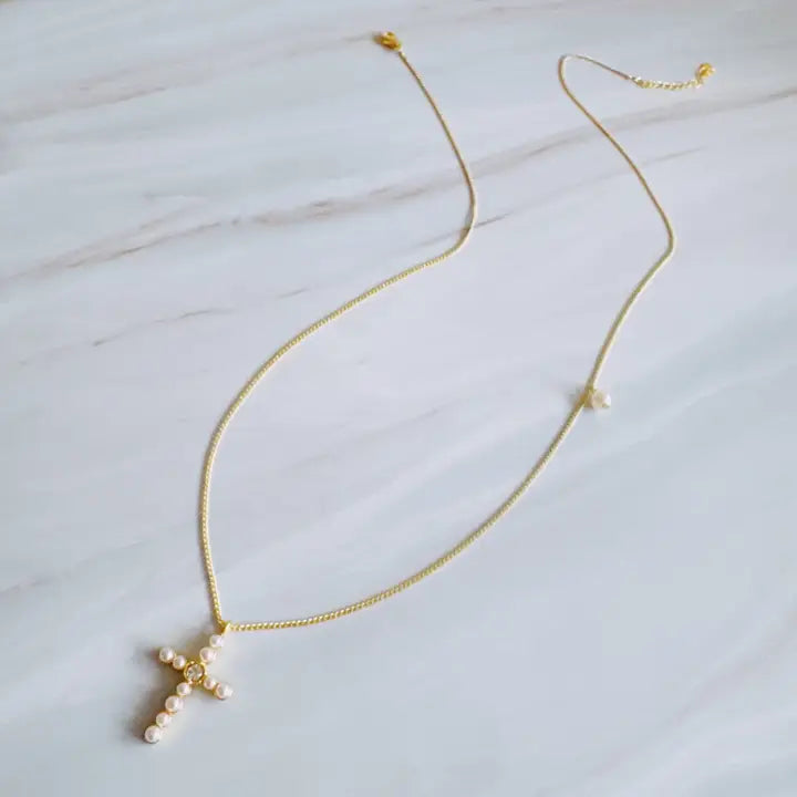 Dainty Pearl Cross Necklace