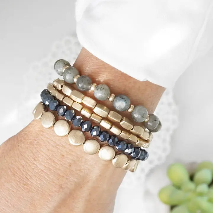 5 Piece Bracelet Stack Gray Black & Gold Tone