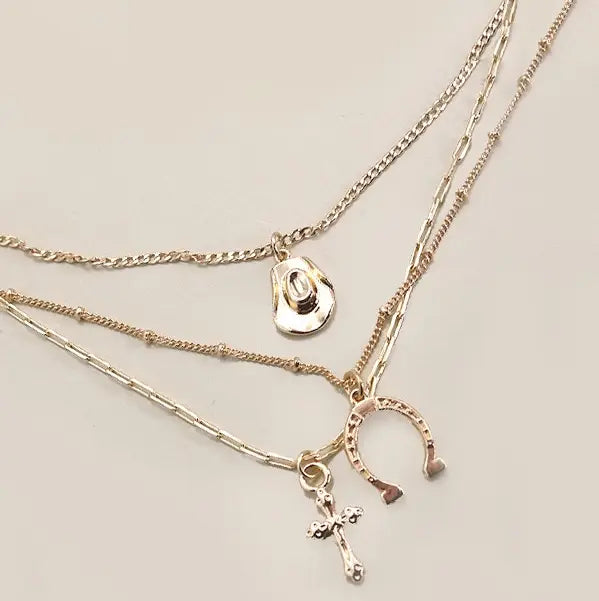 Gold Trio Layered Western Charm Necklace