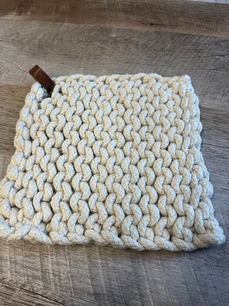 8" Crocheted Pot Holder With Leather Strap