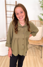 Girls Olive Button Down Babydoll Top