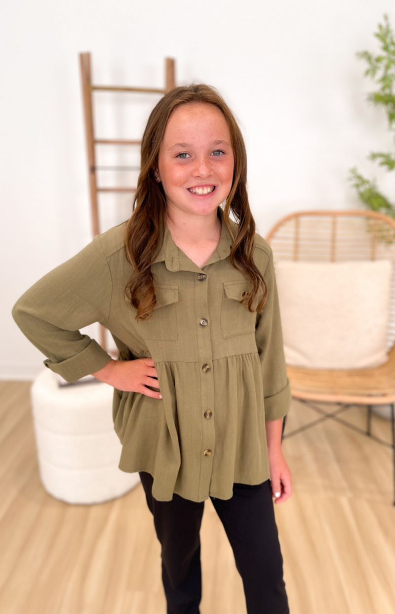 Girls Olive Button Down Babydoll Top