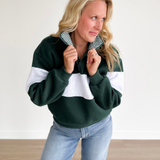 Gingham Collar 1/4 Zip Green Pullover