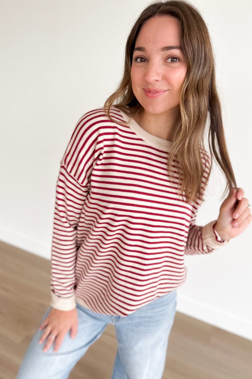 Burgundy Striped Relaxed Long Sleeve Top