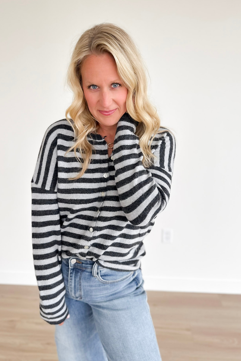 Charcoal & Grey Striped Button Cardigan