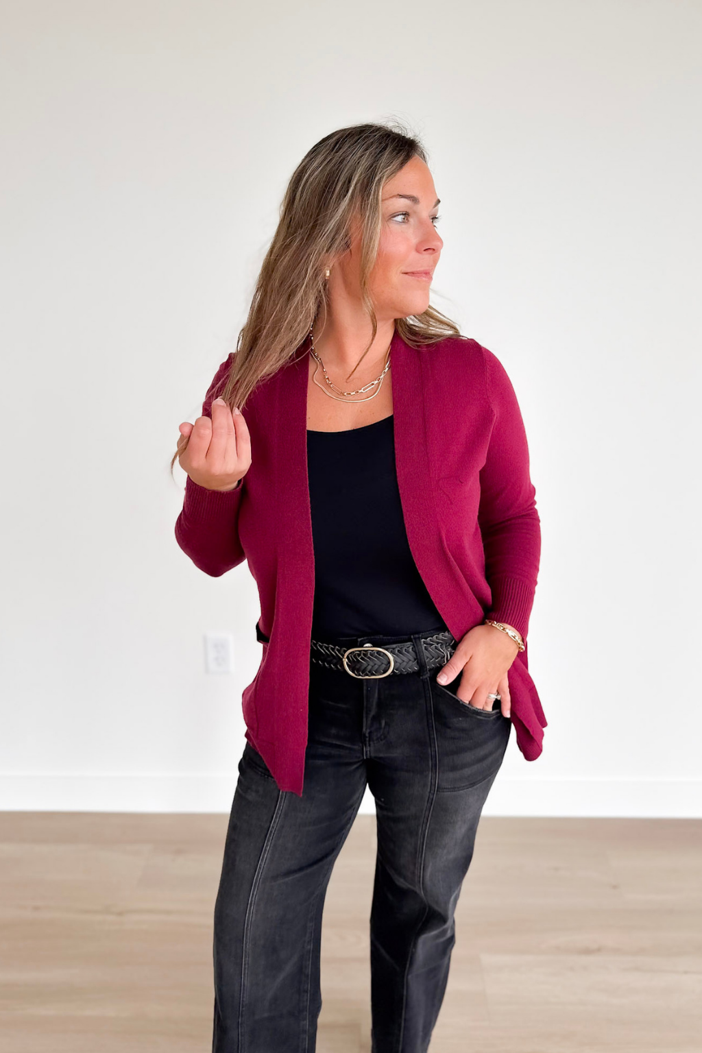 Wine Classic Open Front Cardigan