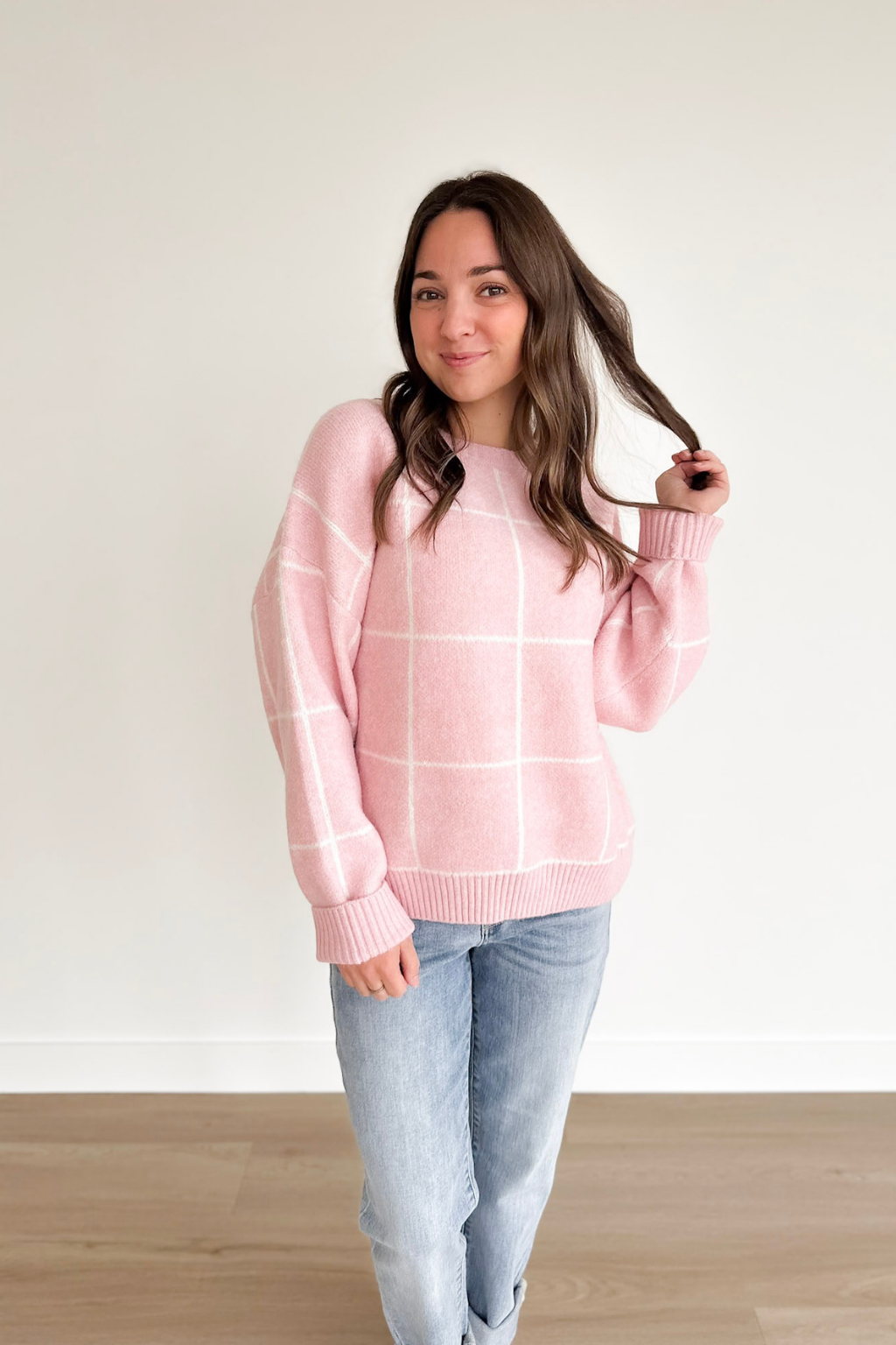 Pink Ivory Square Pattern Knit Sweater