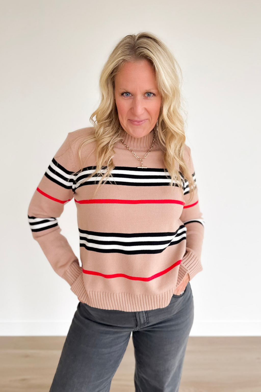 Taupe Multi Striped Balloon Sleeve Sweater