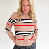 Taupe Multi Striped Balloon Sleeve Sweater