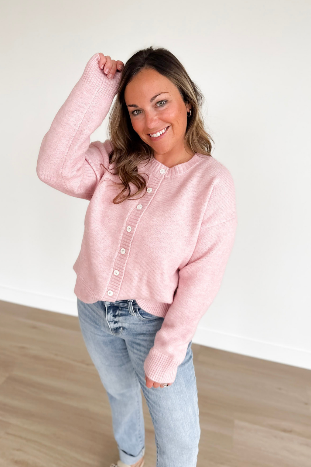 Pink Knit Button Front Cardigan Sweater