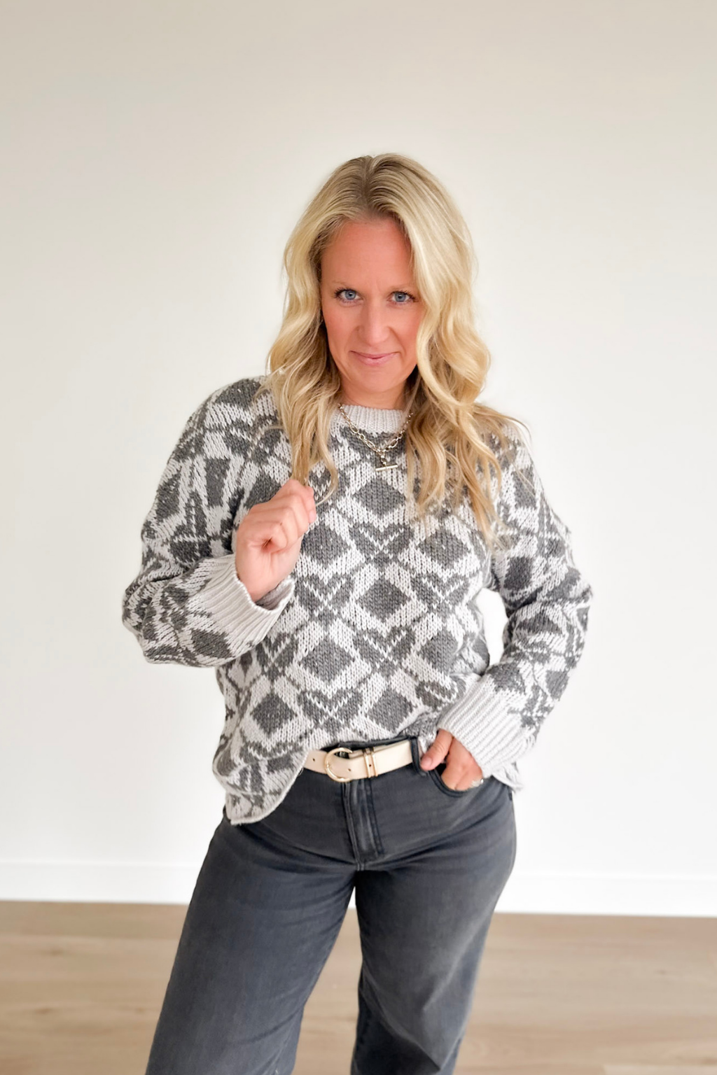 Two Tone Grey Pattern Knit Sweater