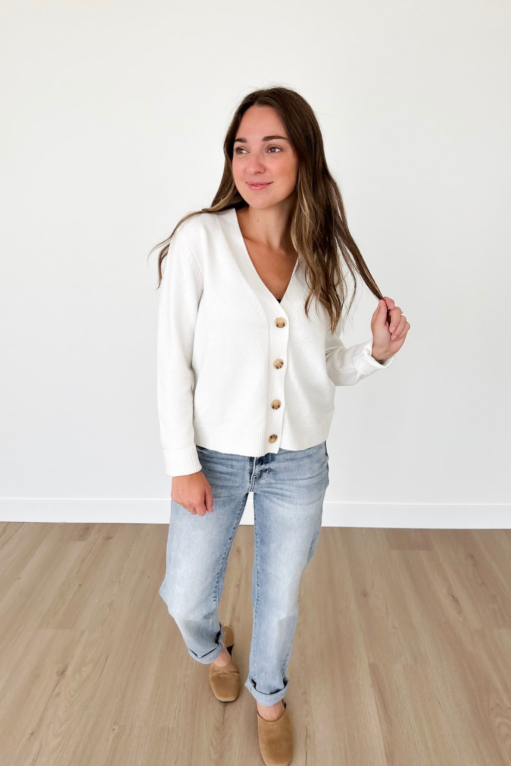 Ivory Knit V-Neck Button Cardigan